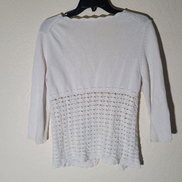 LOFT | Crochet White Cardigan Women M Tie Closure V-Neck Grandmacore Cottage - Picture 7 of 7